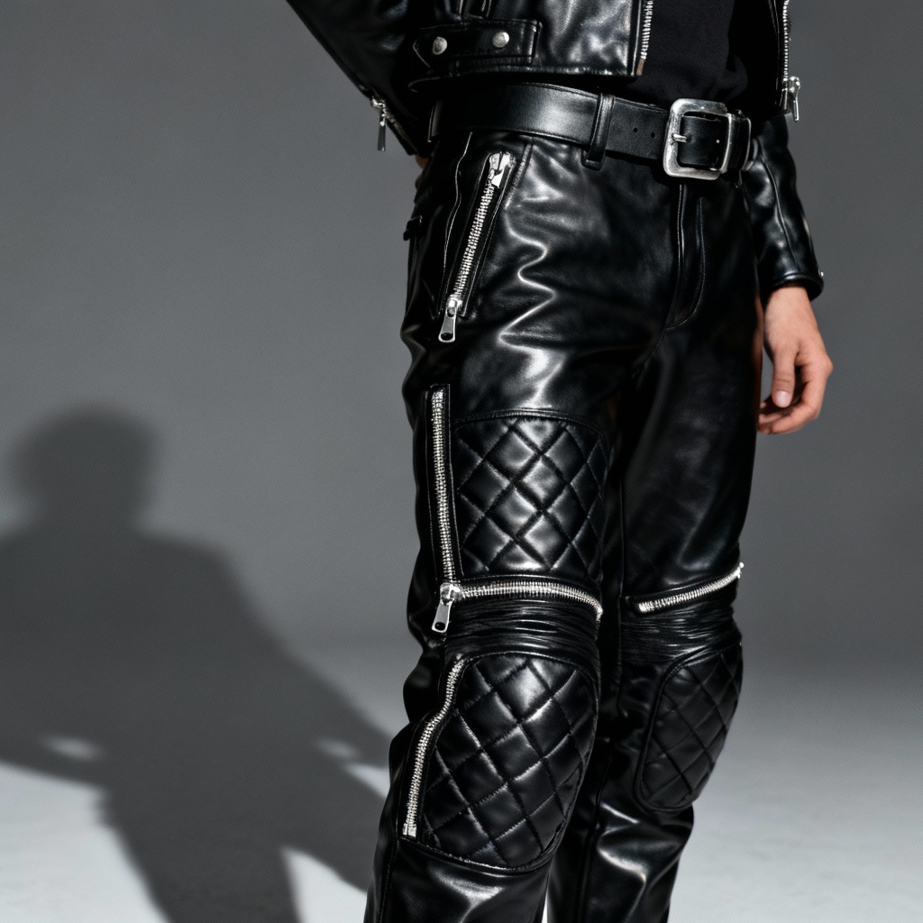AI glossy black biker leather pants with zippers