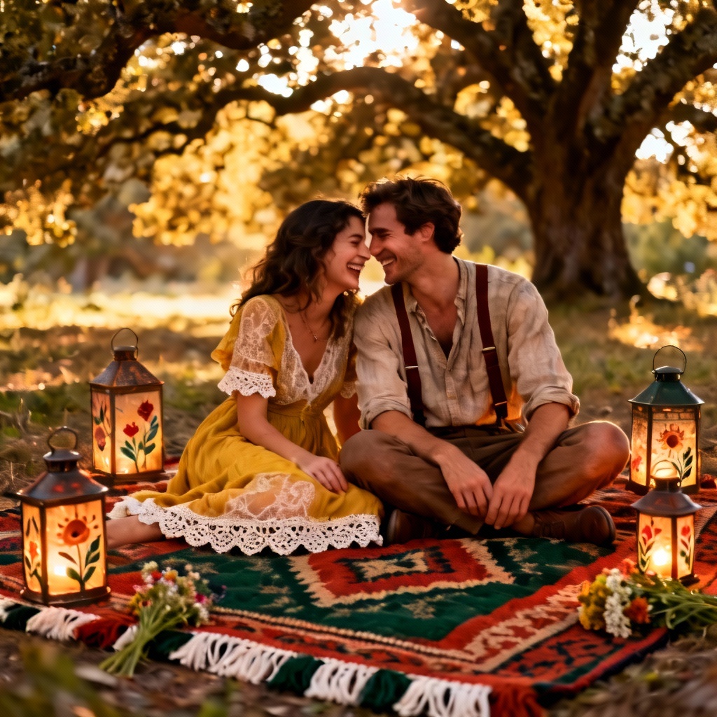 AI forest boho prewedding picnic scene