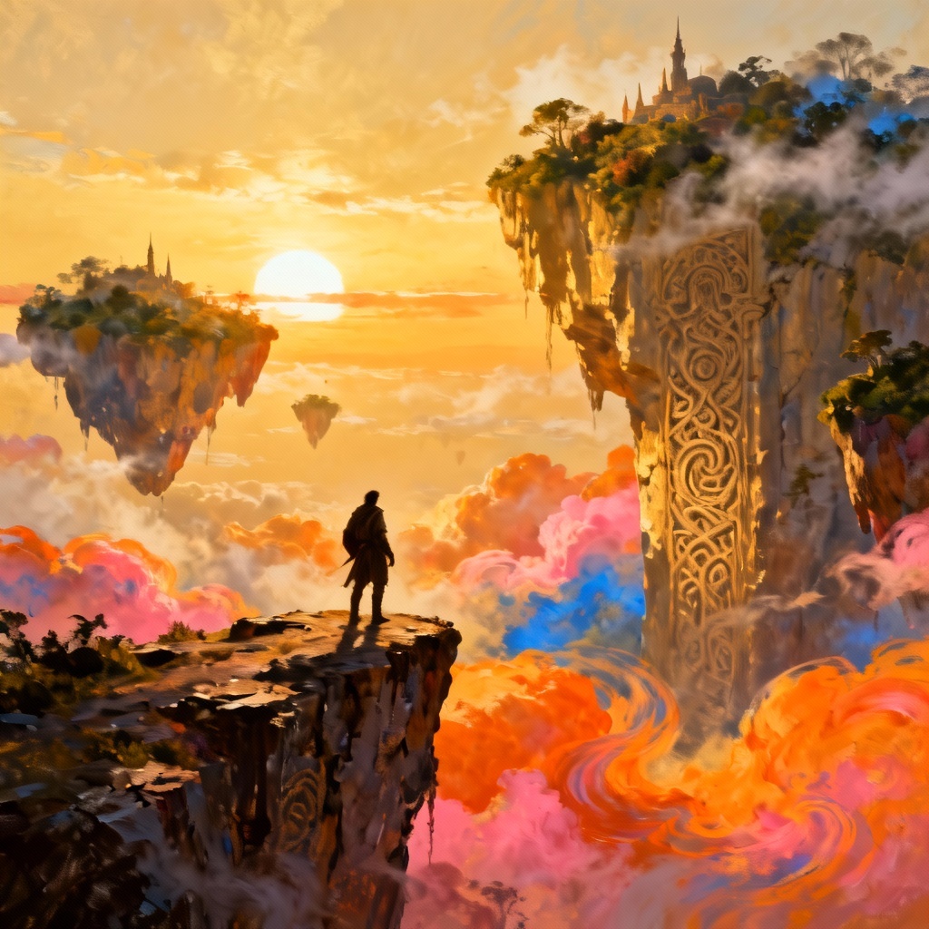 AI TGG fantasy book cover with traveler and floating islands