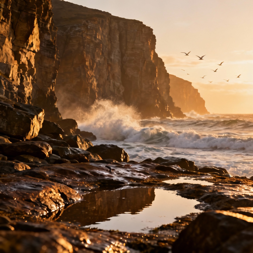 Photorealistic seaside cliffs at golden hour