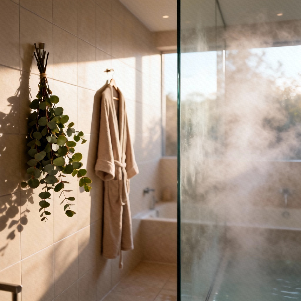 AI spa shower with robe and eucalyptus