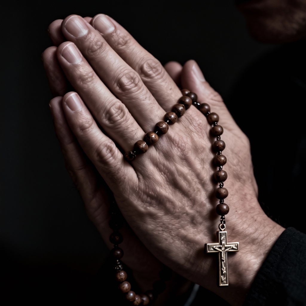 AI macro of prayer hands with rosary