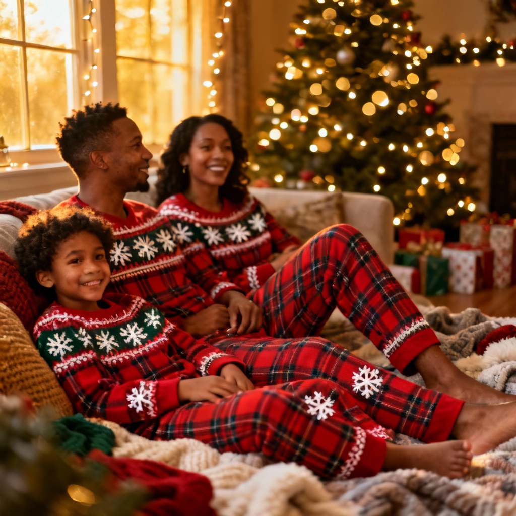 Family wearing matching red plaid Christmas pajamas in a cozy living room