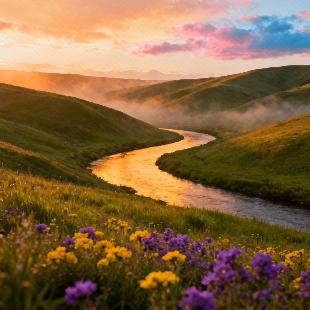 AI-generated rolling green hills at golden hour