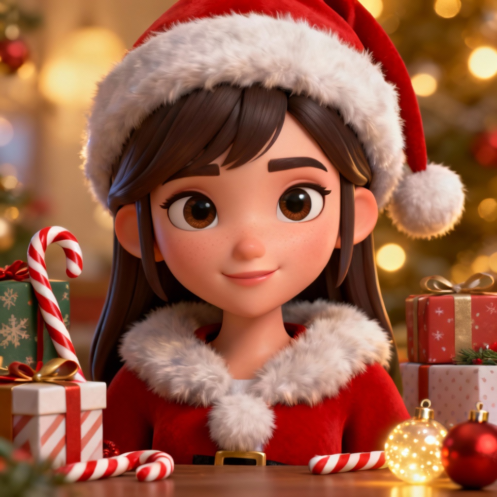 Stylized 3D Santa cosplay girl render with detailed fur trim