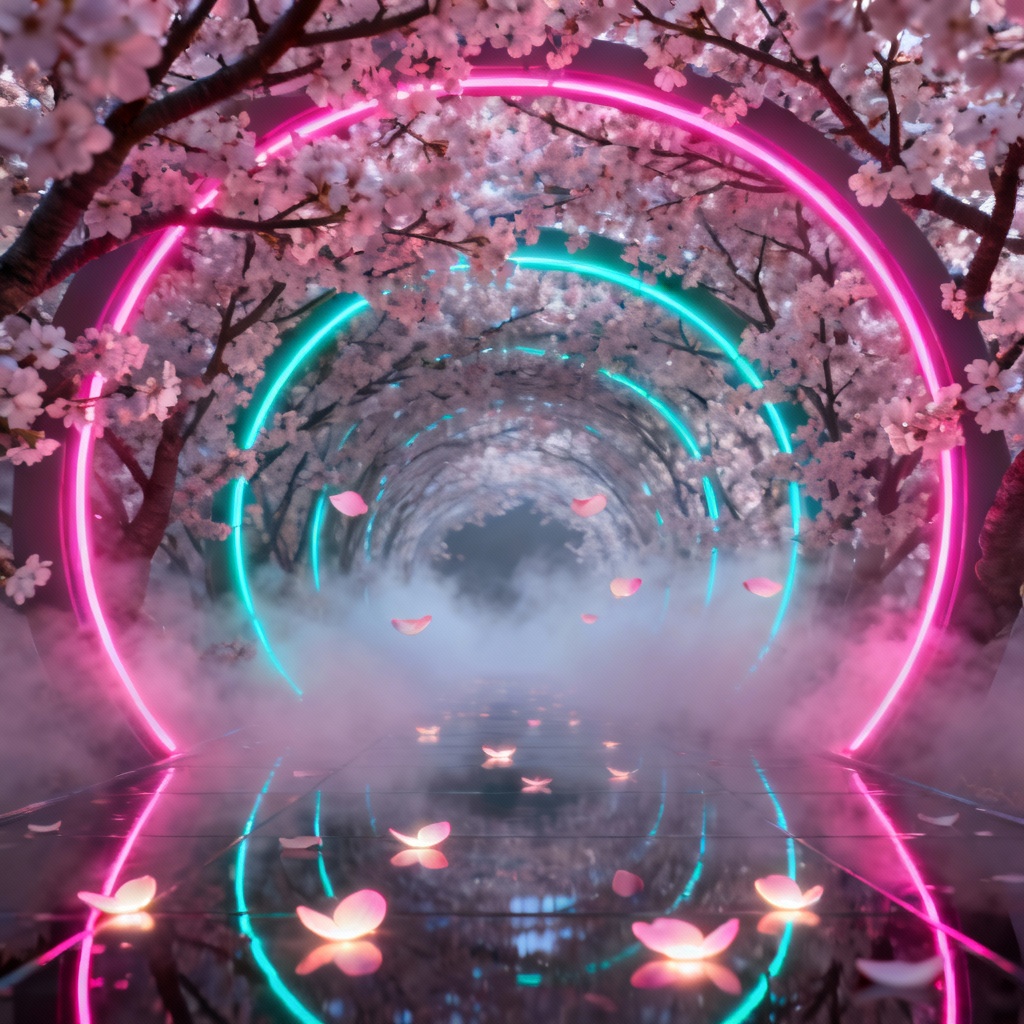 AI 3D neon sakura tunnel with glowing petals