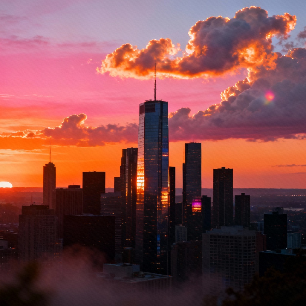 AI city sunset with cotton-like scattered clouds