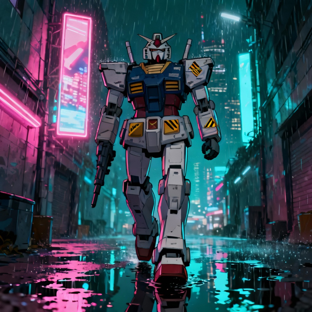 AI Gundam-style mecha patrolling neon city in rain