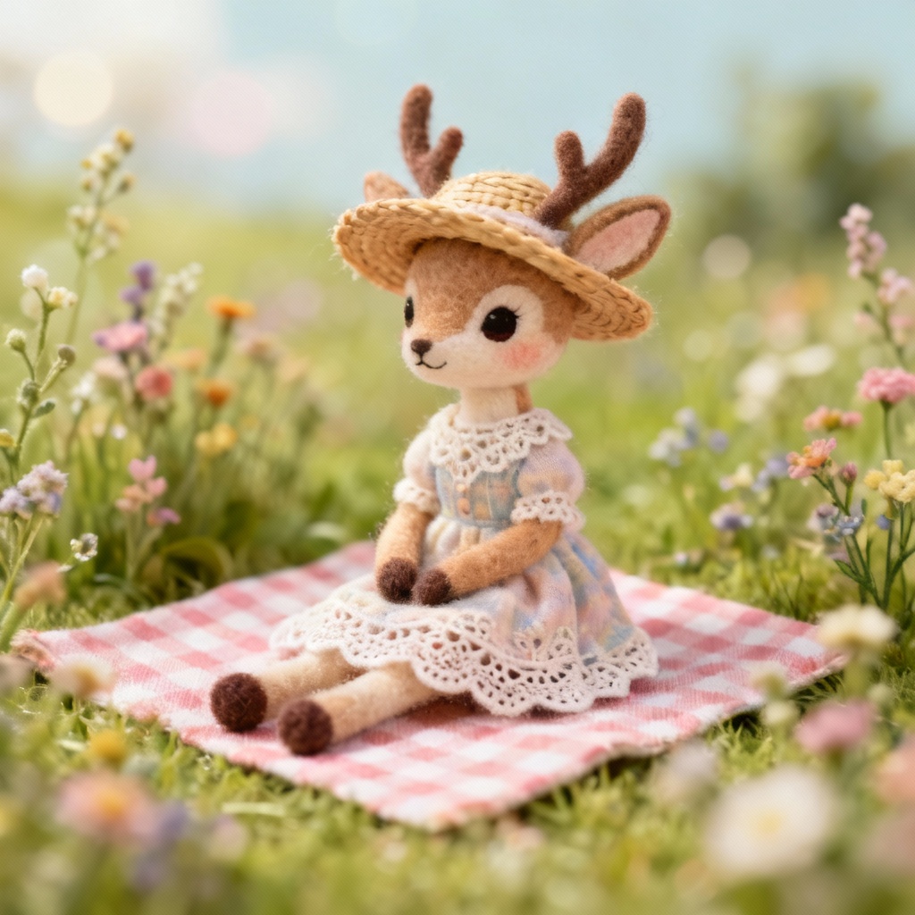 AI sylvanian pet deer at a cottagecore picnic
