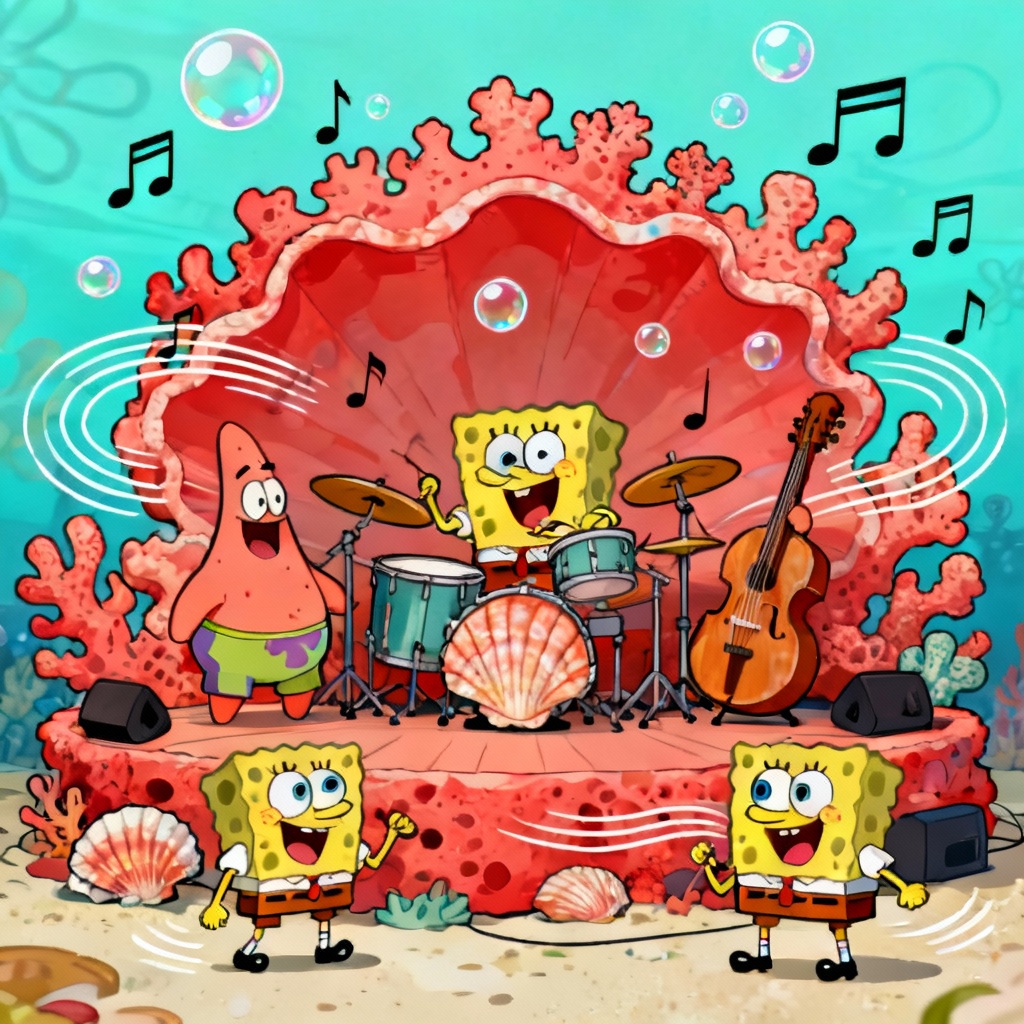 AI SpongeBob-style coral concert with bubbly music notes