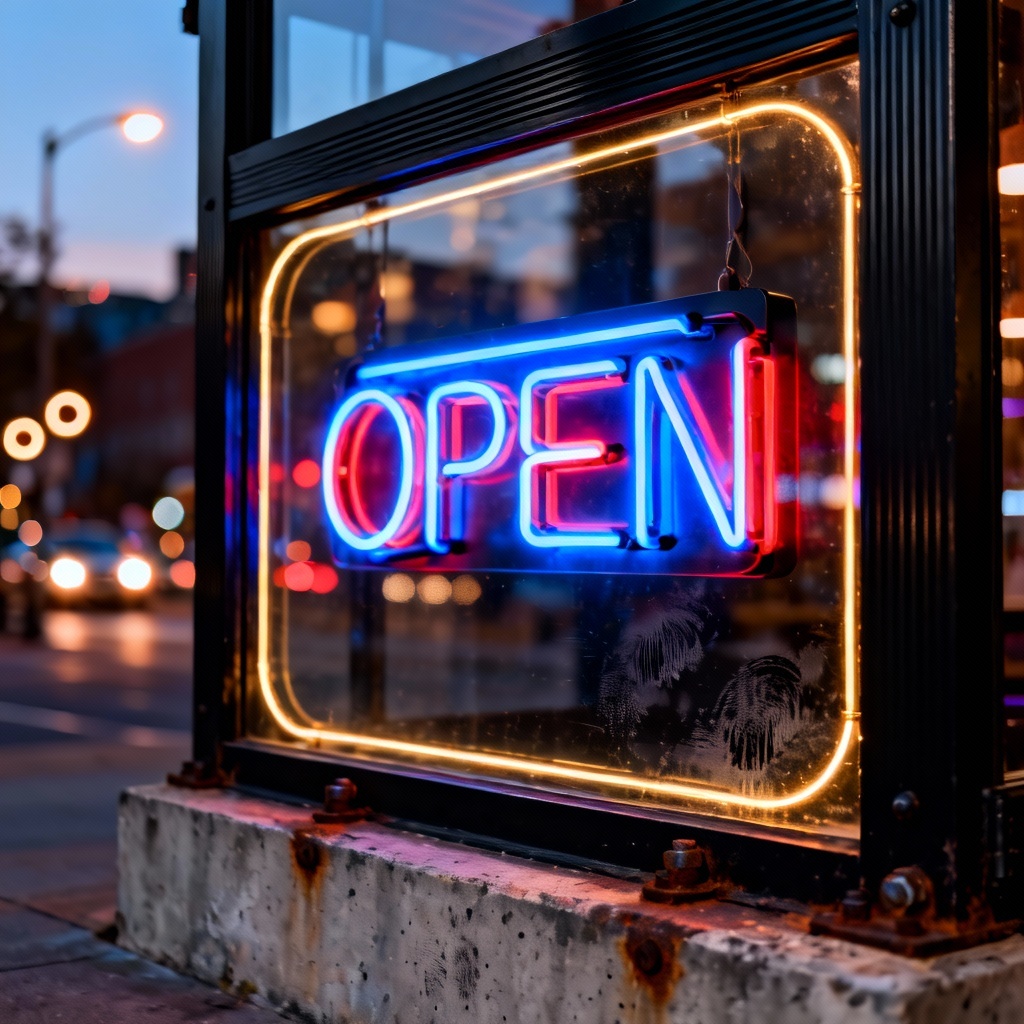 AI generated neon shop sign on contemporary storefront
