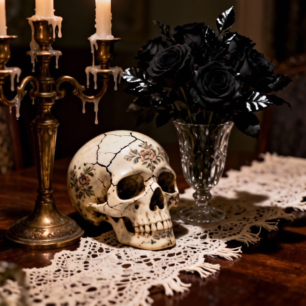 AI gothic Halloween table centerpiece with skull and black roses