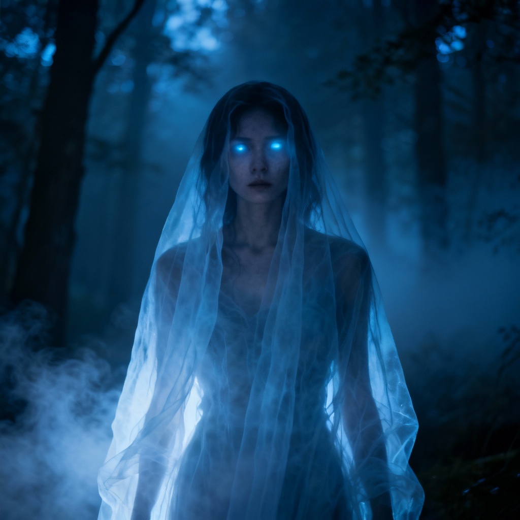 AI-generated ghost portrait in moonlit fog