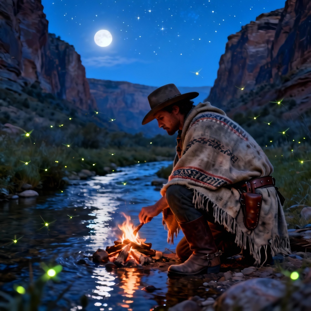 AI ranger camping by a moonlit canyon creek