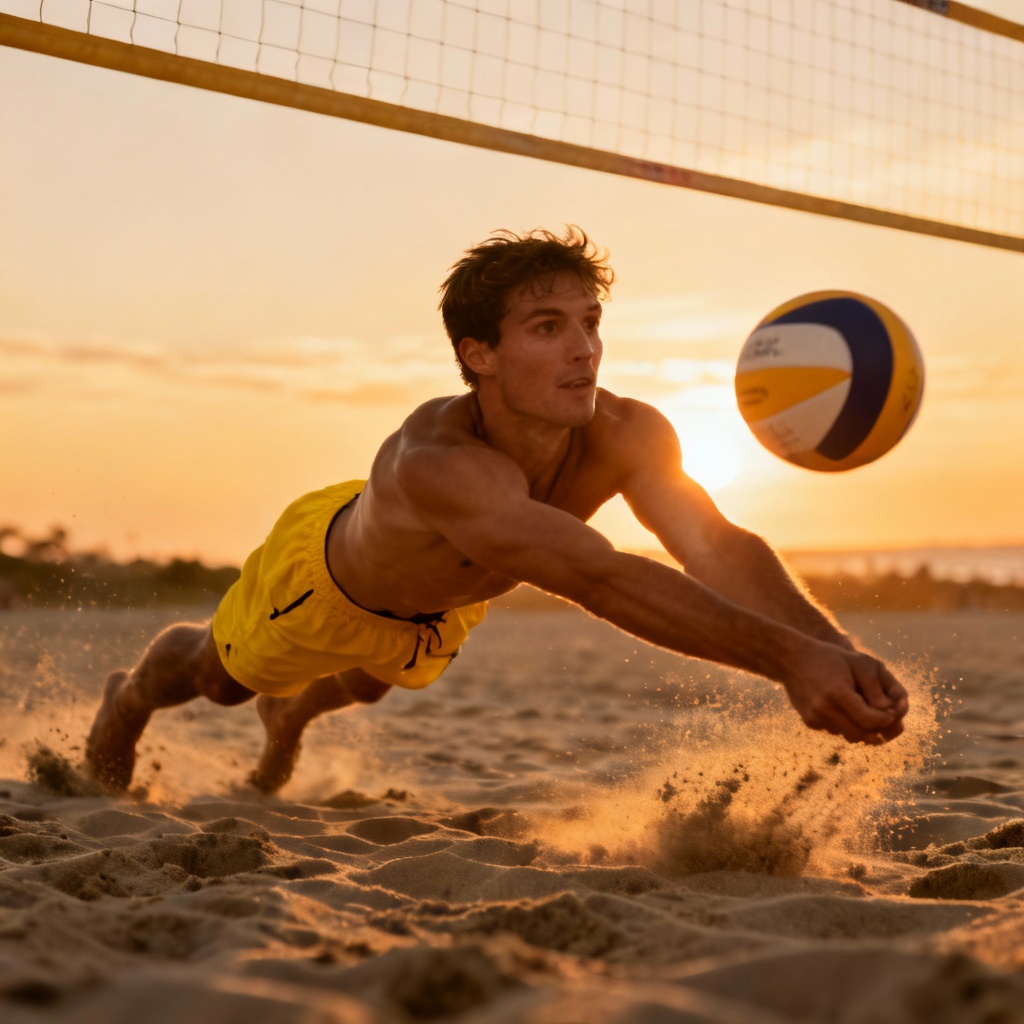 AI beach volleyball player diving save at sunset