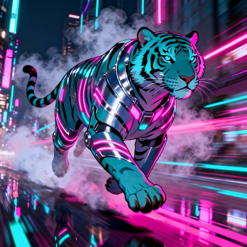 Neon cyberpunk anime tiger spirit running in a city