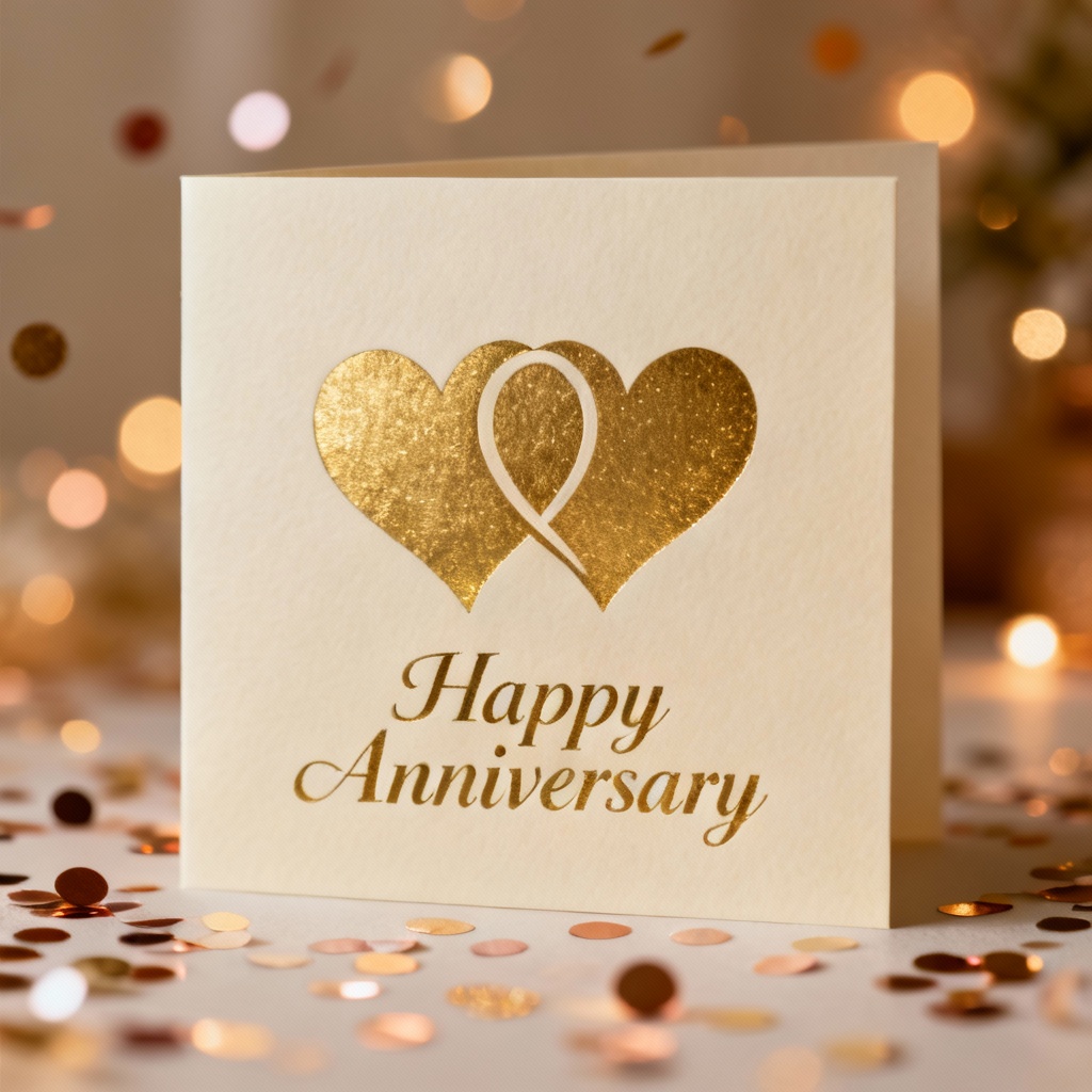 AI anniversary card with gold foil hearts