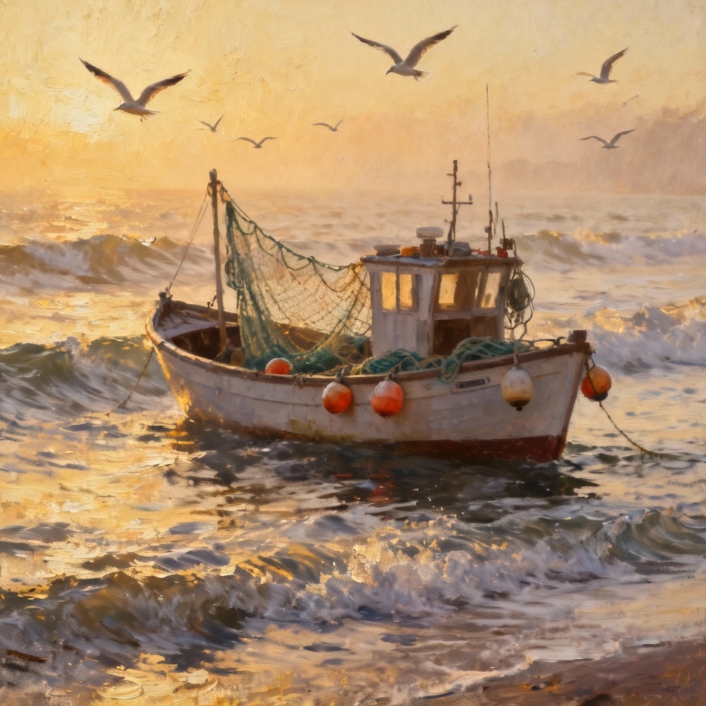 AI fishing boat at dawn