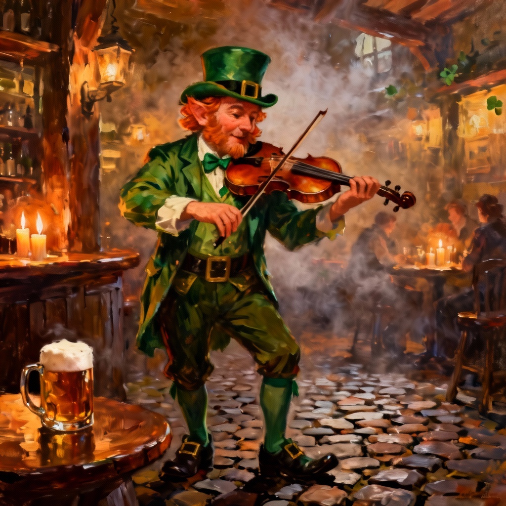 AI leprechaun fiddler inside a warm Irish tavern