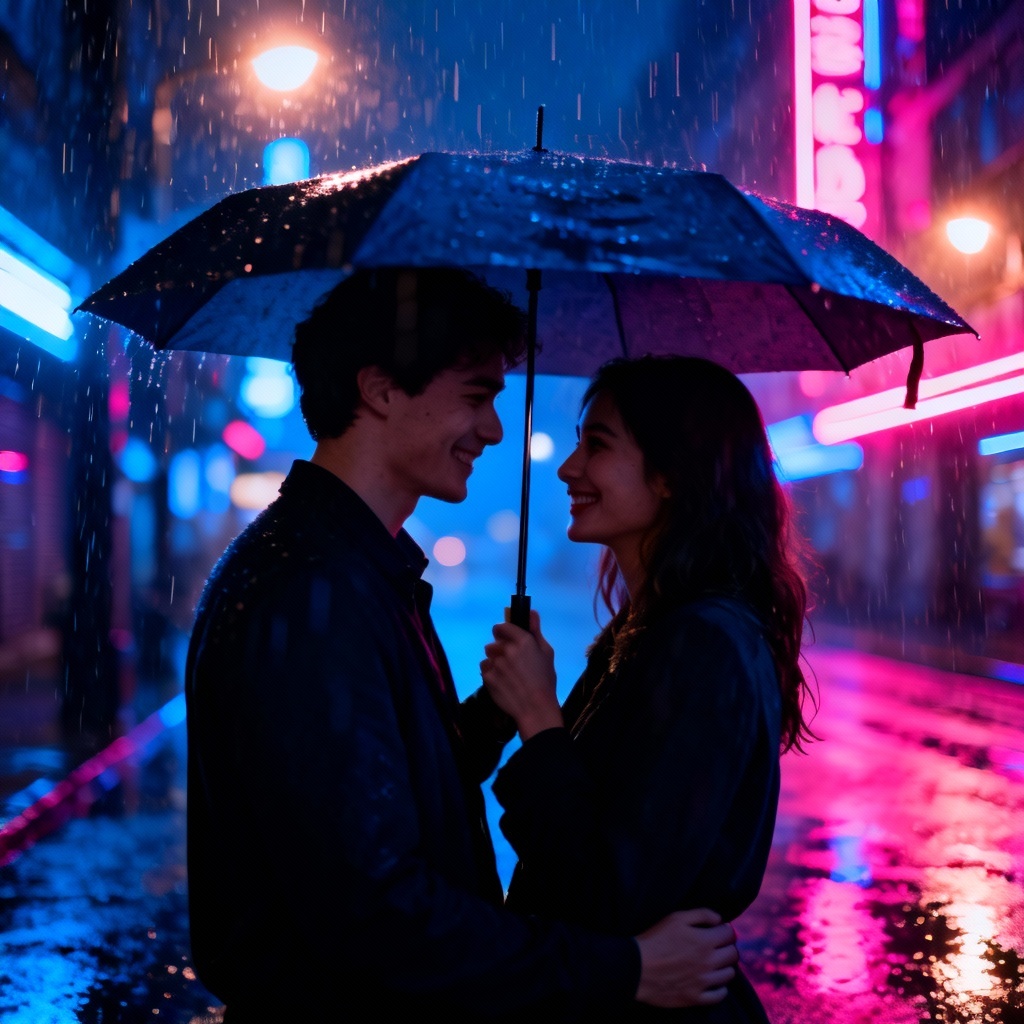 AI rainy city couple holding hands