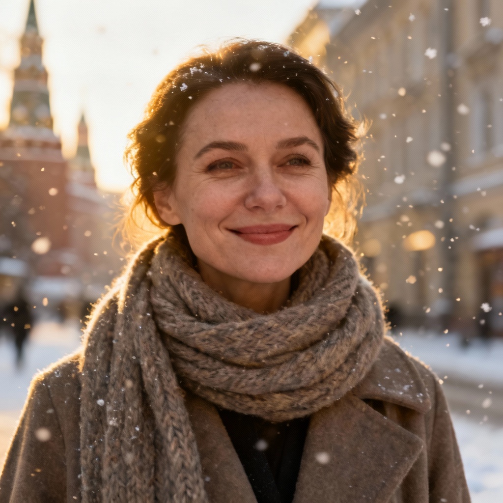 AI Russian girl portrait in snowy Moscow street with scarf