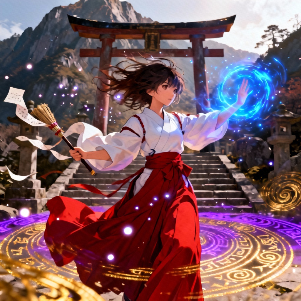 AI fantasy shrine maiden casting a protective barrier