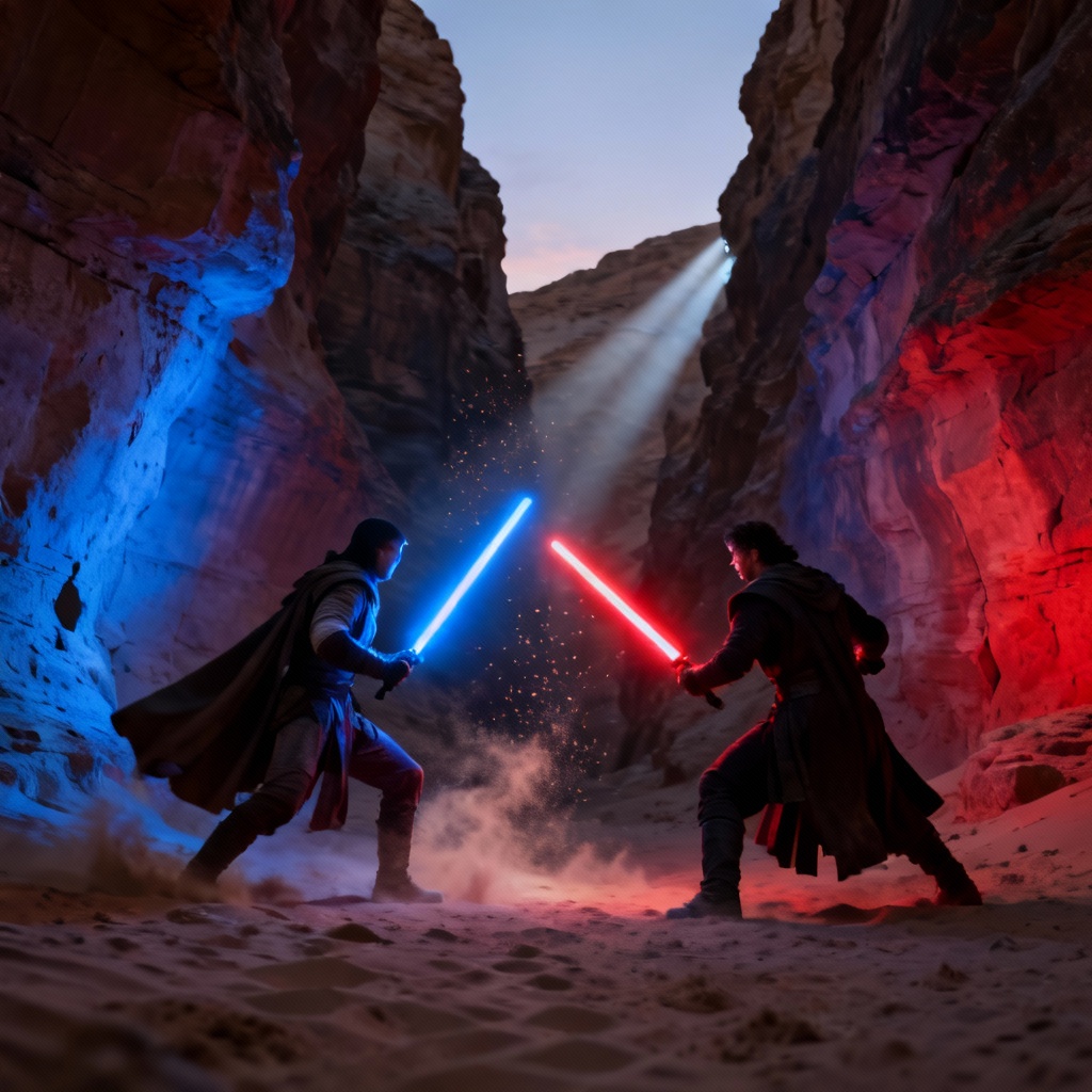 AI Star Wars duel with glowing blades in a canyon