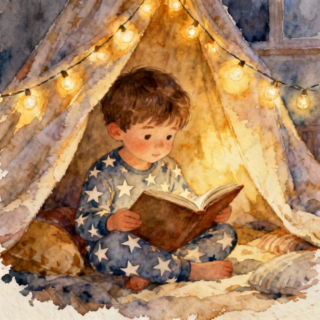 Storybook watercolor of a toddler boy reading in a blanket fort