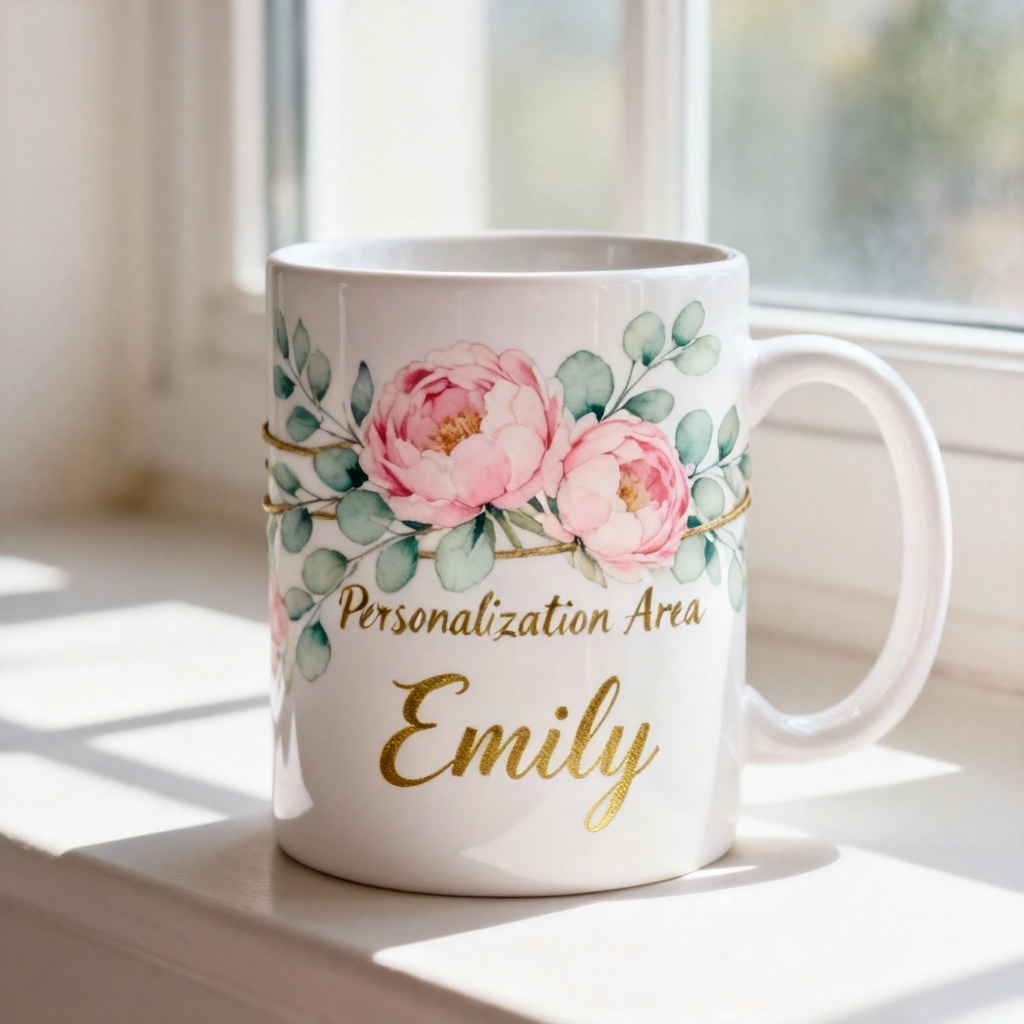 AI watercolor floral personalized mug with scripted name