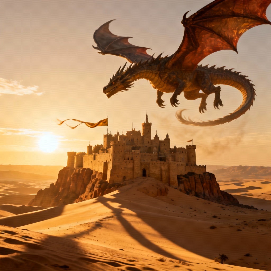 AI dragon circling a sandstone fortress on a mesa