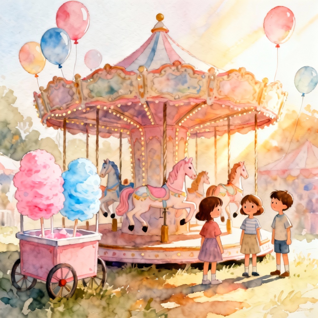 AI watercolor funfair carousel with kids