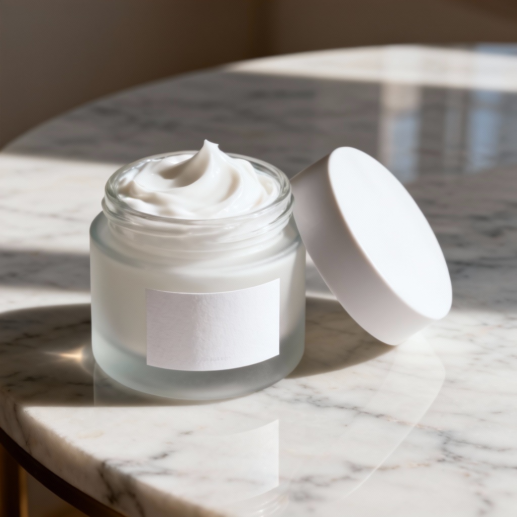 Skincare cream jar mockup on marble surface
