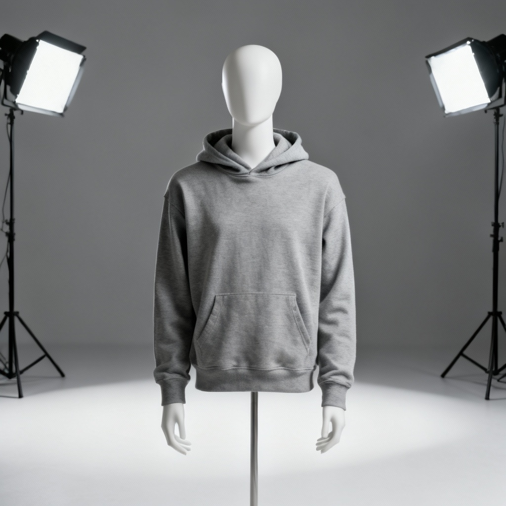 Ghost mannequin product photo of cotton hoodie with realistic fill and shadow