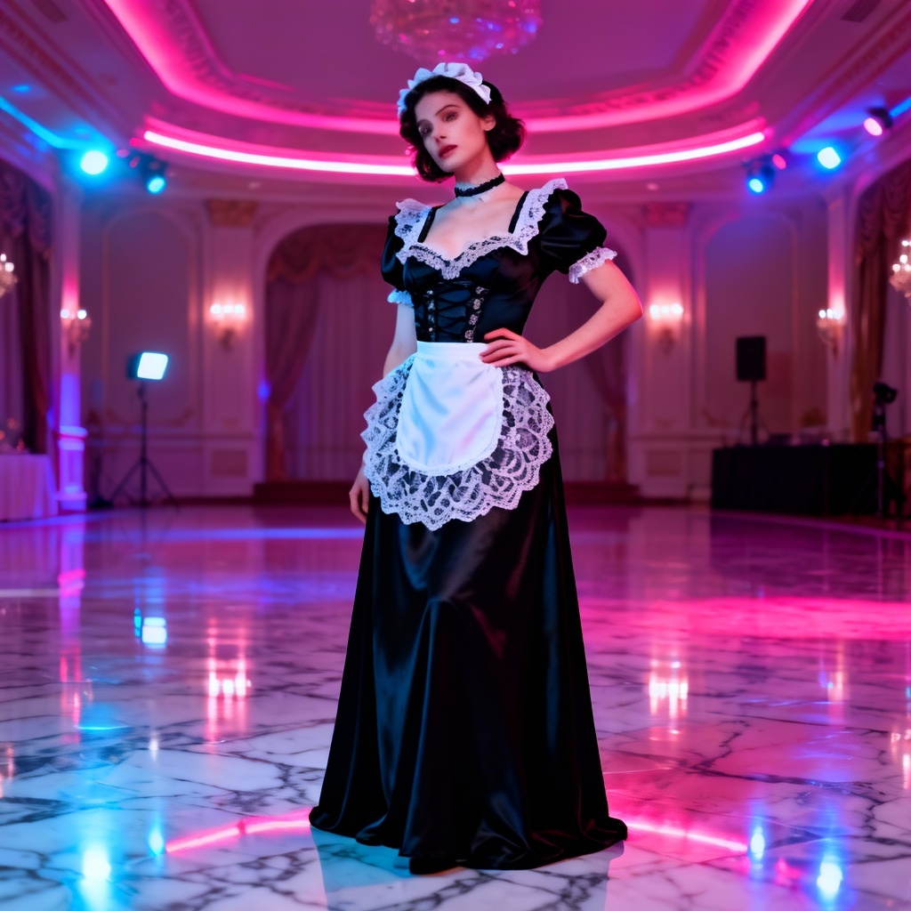 AI sexy maid cosplay in neon ballroom, tasteful and elegant