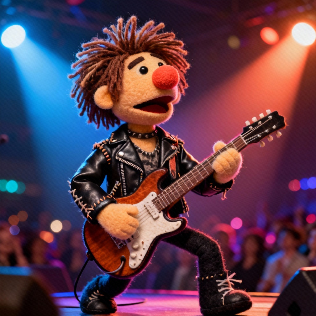 AI muppet-style rockstar puppet on stage