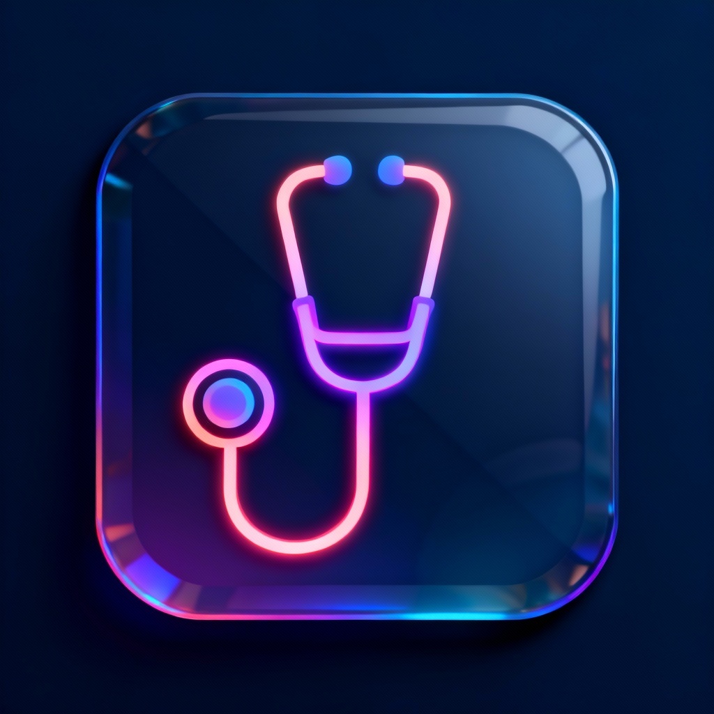 Glowing neon stethoscope line icon for mobile app UI