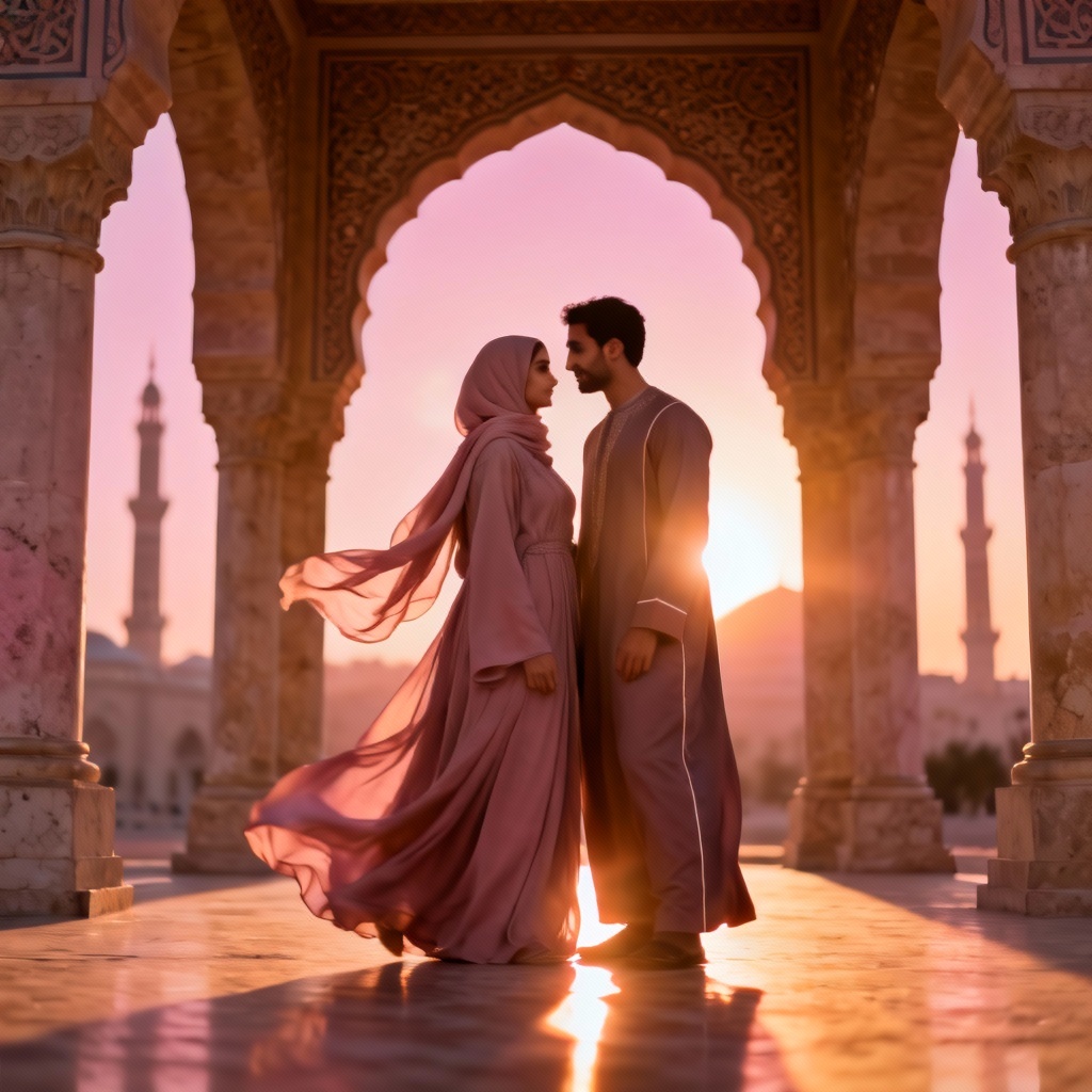 AI Arab couple with hijab at sunset by mosque