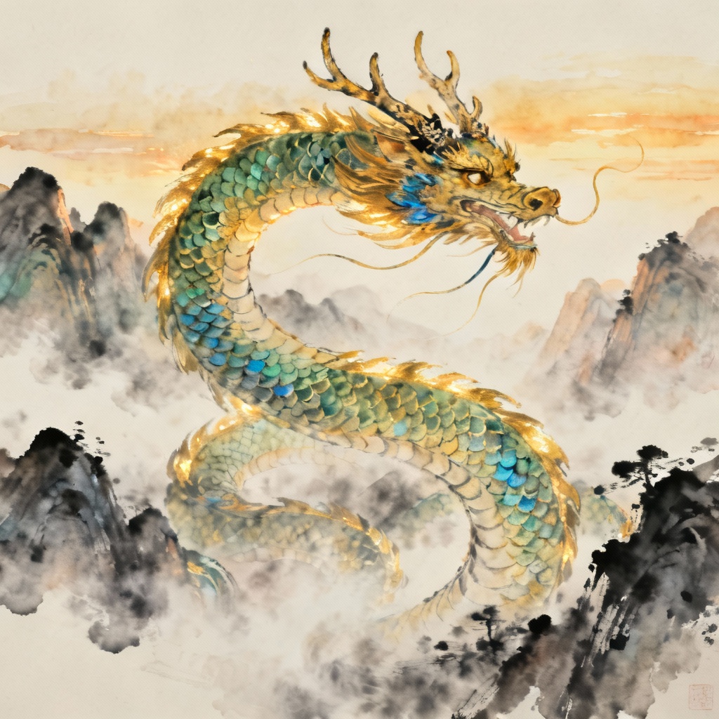AI eastern azure dragon coiling through misty mountains