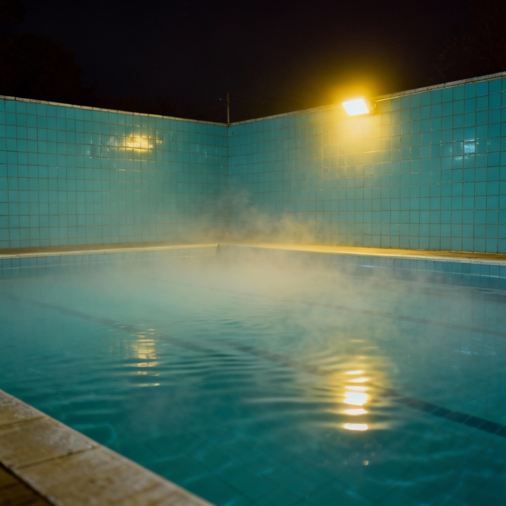 AI liminal space empty pool with eerie lighting