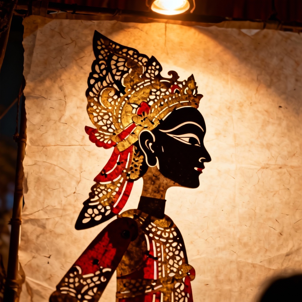 AI-generated wayang kulit shadow puppet on parchment screen