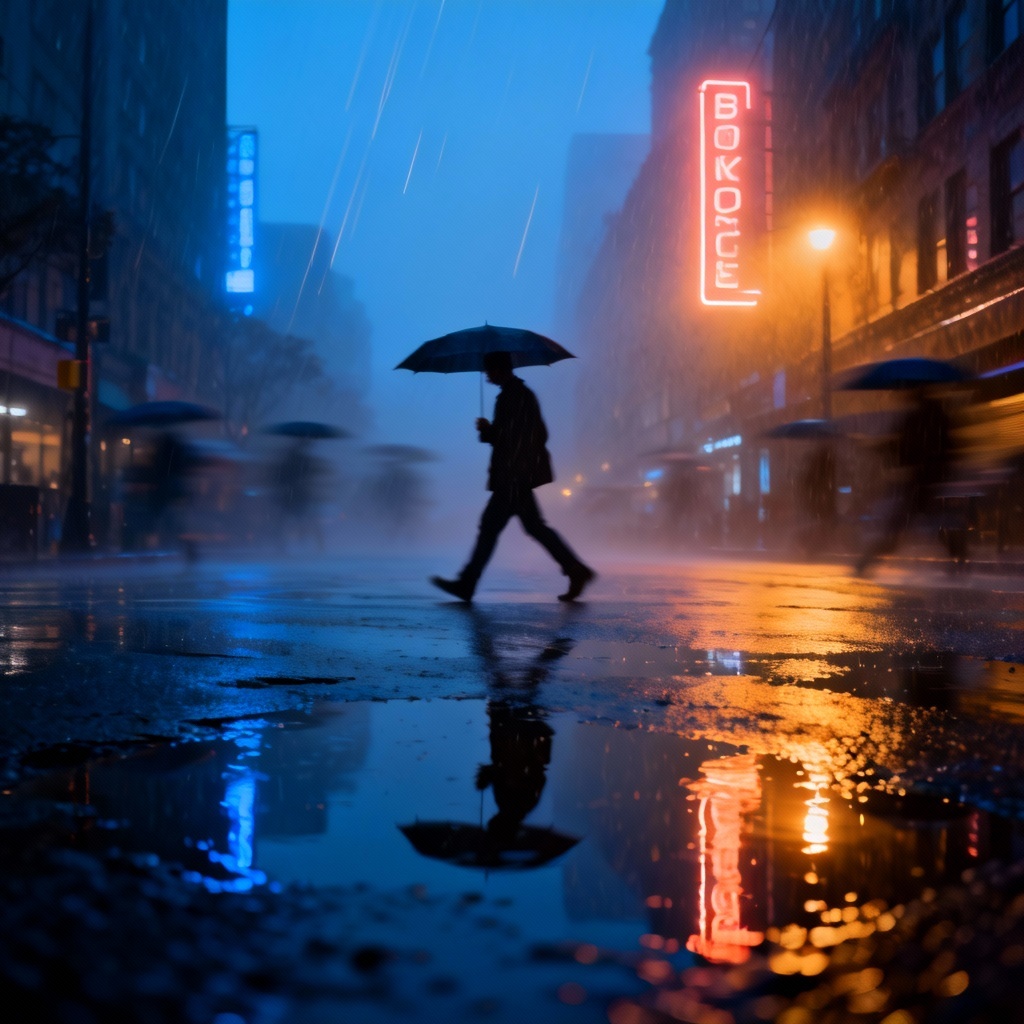AI rain-soaked city sorrow scene with umbrellas