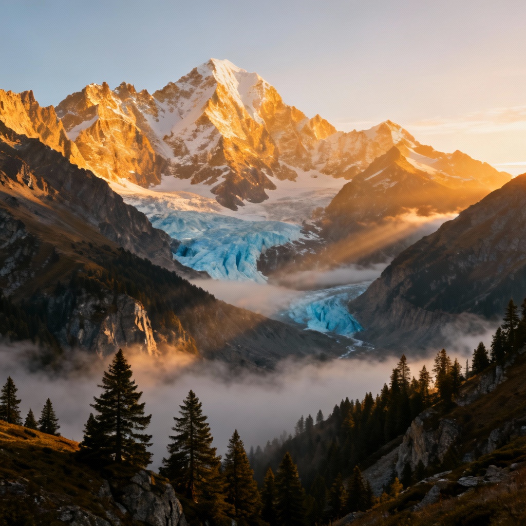 Photorealistic AI alpine mountain sunrise landscape