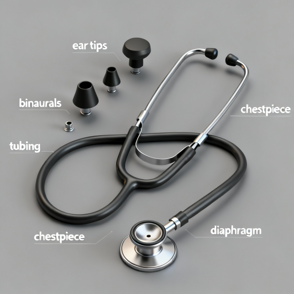 Isometric exploded view of stethoscope components in 3D