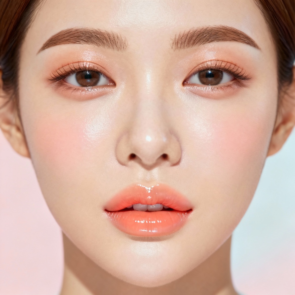 AI Korean glass skin makeup look with gradient lip