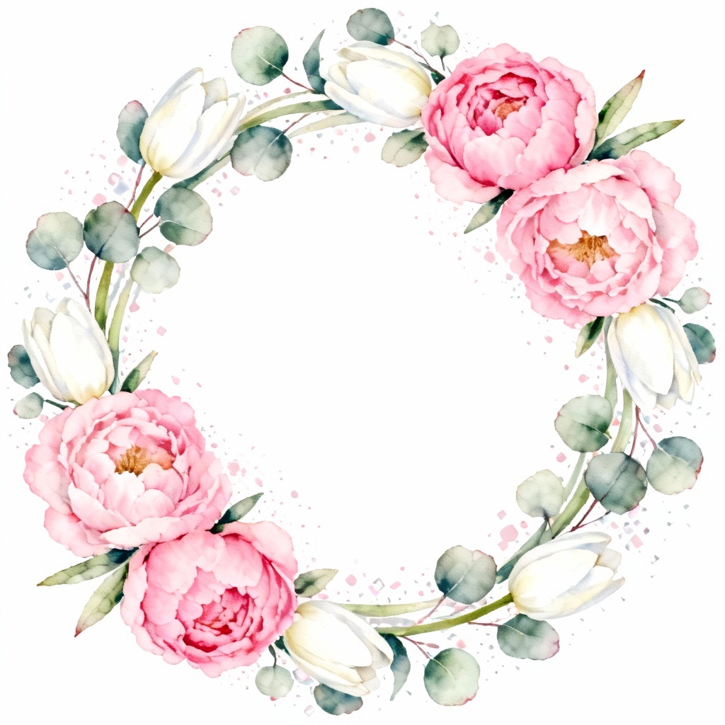 AI watercolor spring peony wreath with eucalyptus