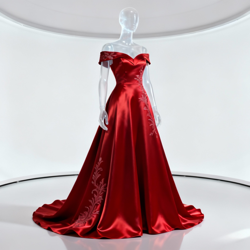 AI red satin runway gown on ghost mannequin