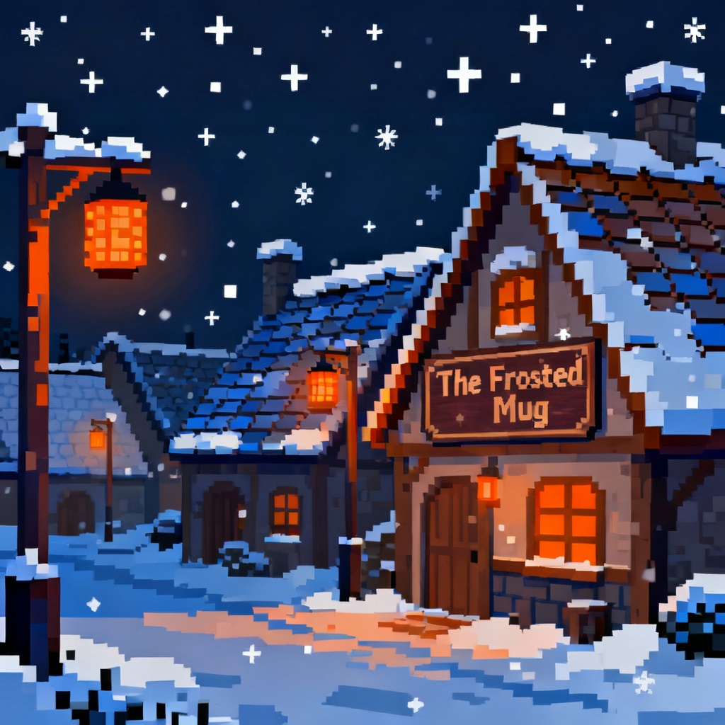 Pixel art AI snowy hamlet with lantern posts