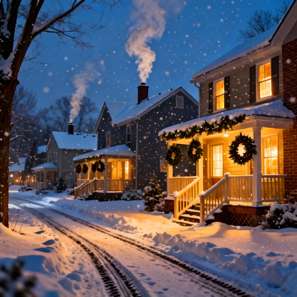 Snowy suburban neighborhood with porches and warm lights