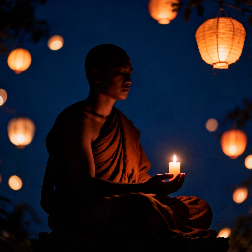 AI candlelit monk silhouette for Vesak social media post