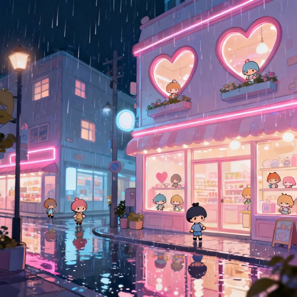 AI kawaii city night street in neon pastels
